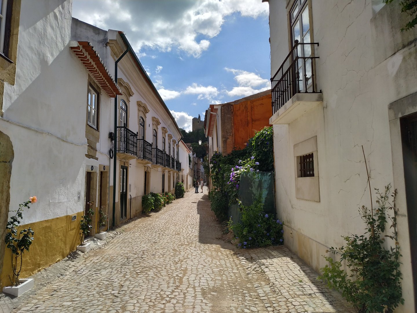 Charming street in Tomar's historic center, with traditional houses and flowers on the balconies.